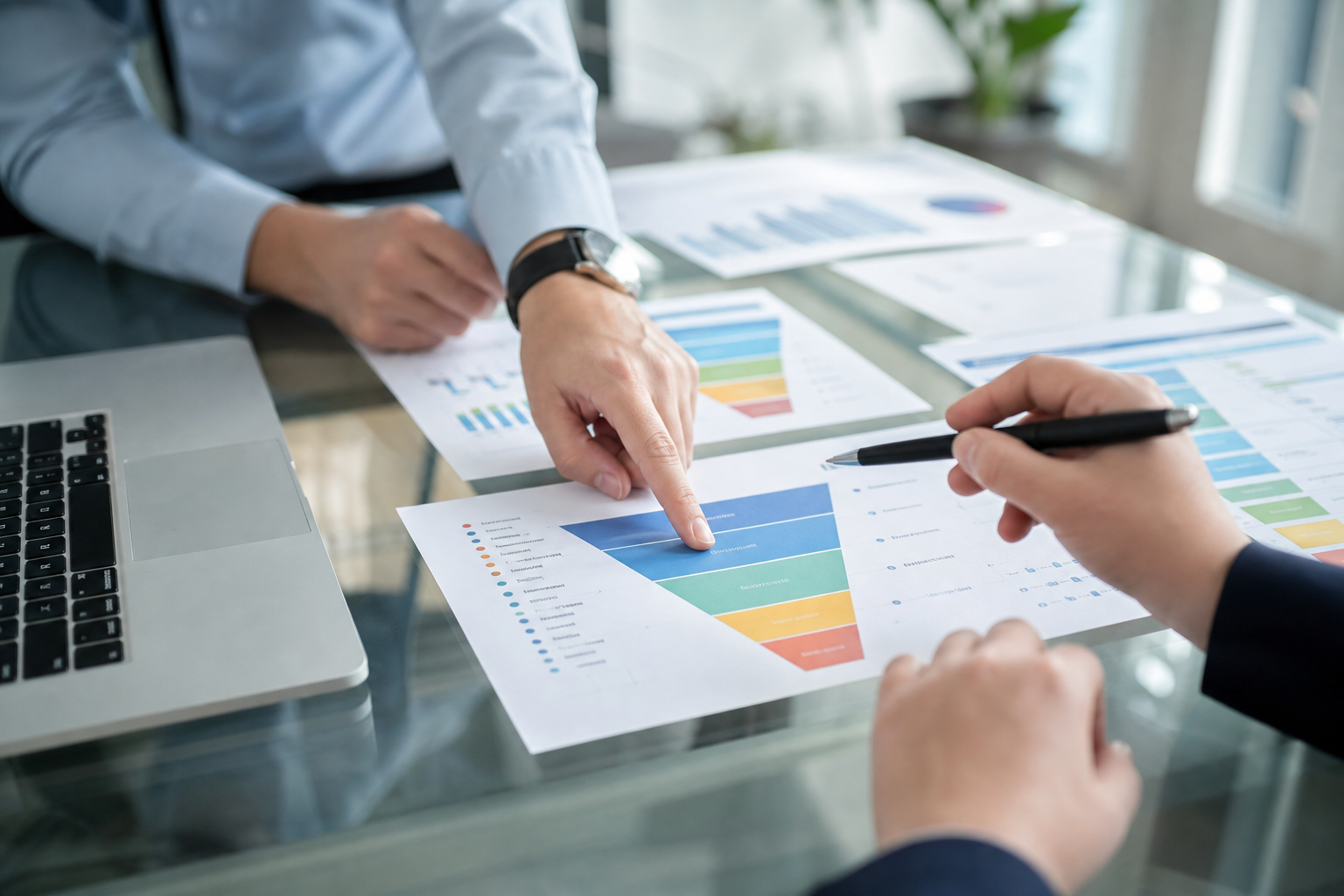 Hands highlighting funnel and revenue charts on a glass desk beside a laptop