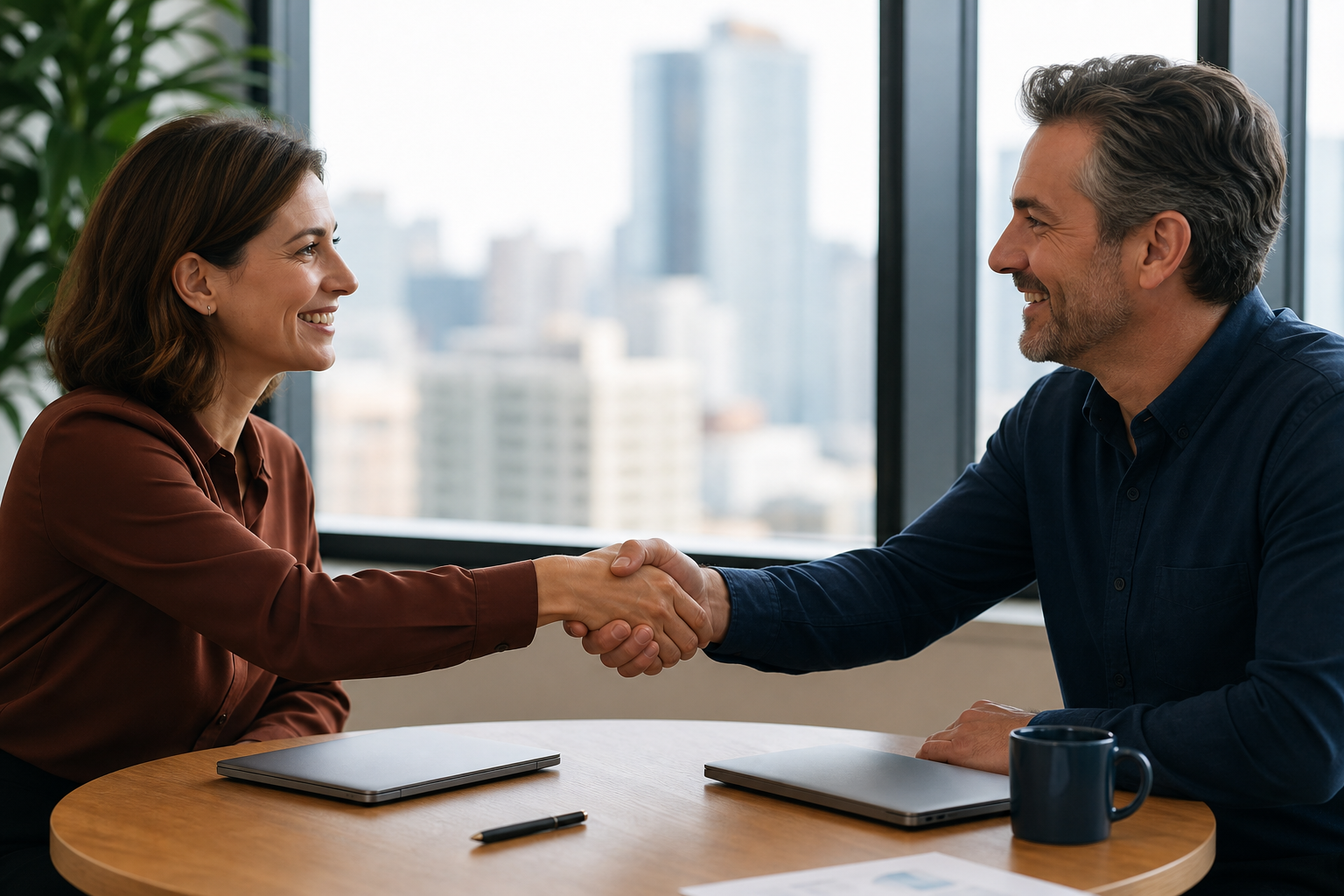 Account manager and client closing a conversation across a small meeting table