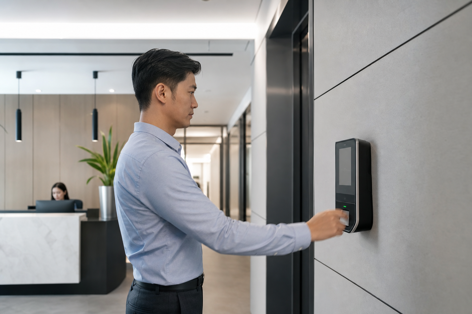 Employee using a sleek wall-mounted time clock in a bright corporate reception