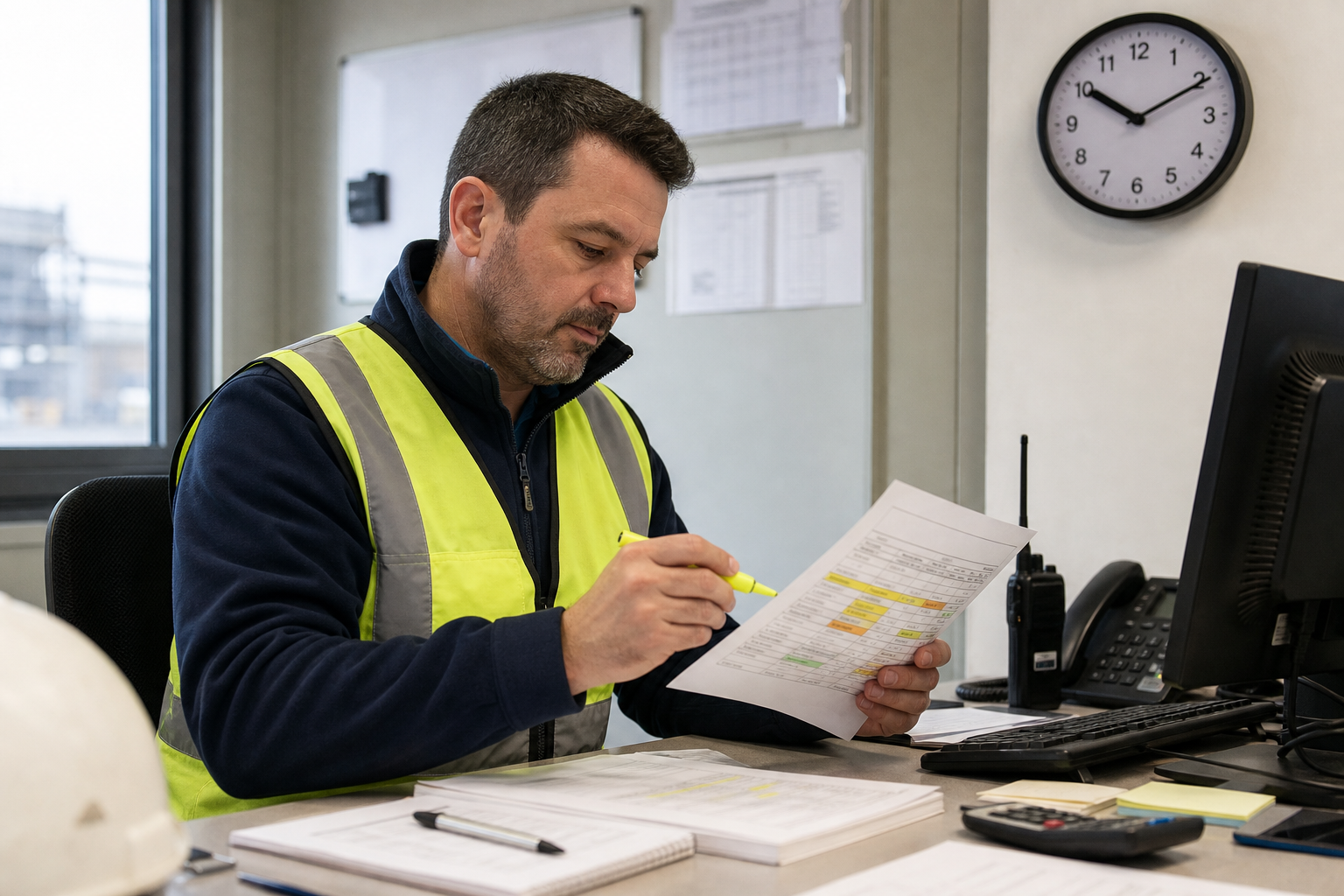 Supervisor highlighting a printed shift roster beside a wall clock in an operations office