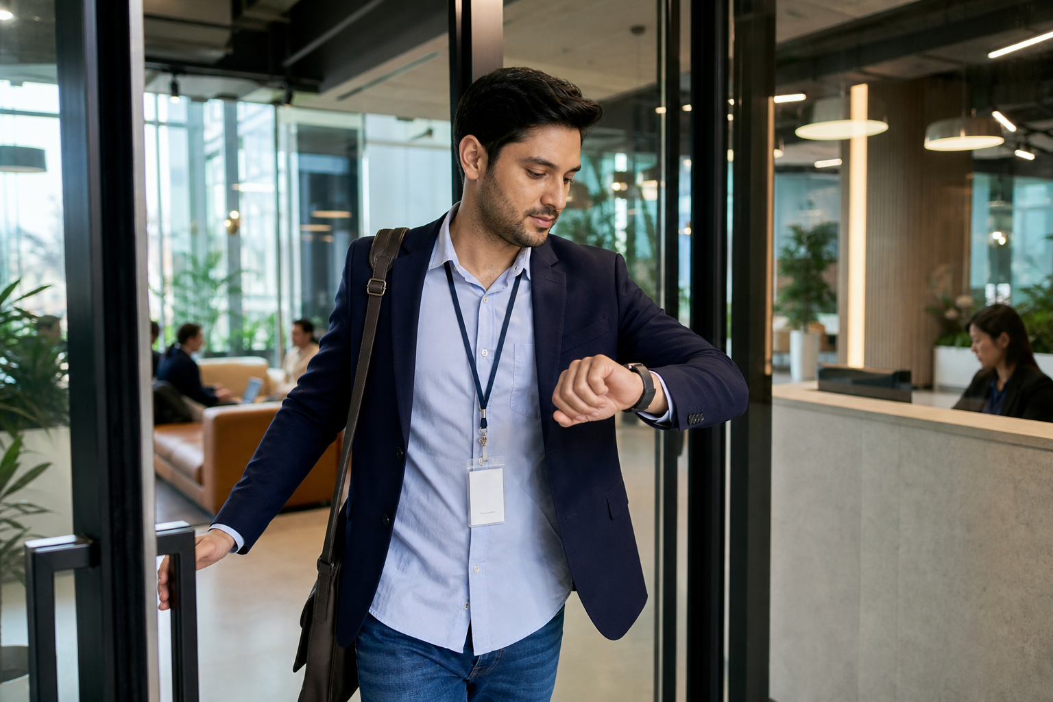 Hybrid employee entering a coworking lobby with badge and smartwatch