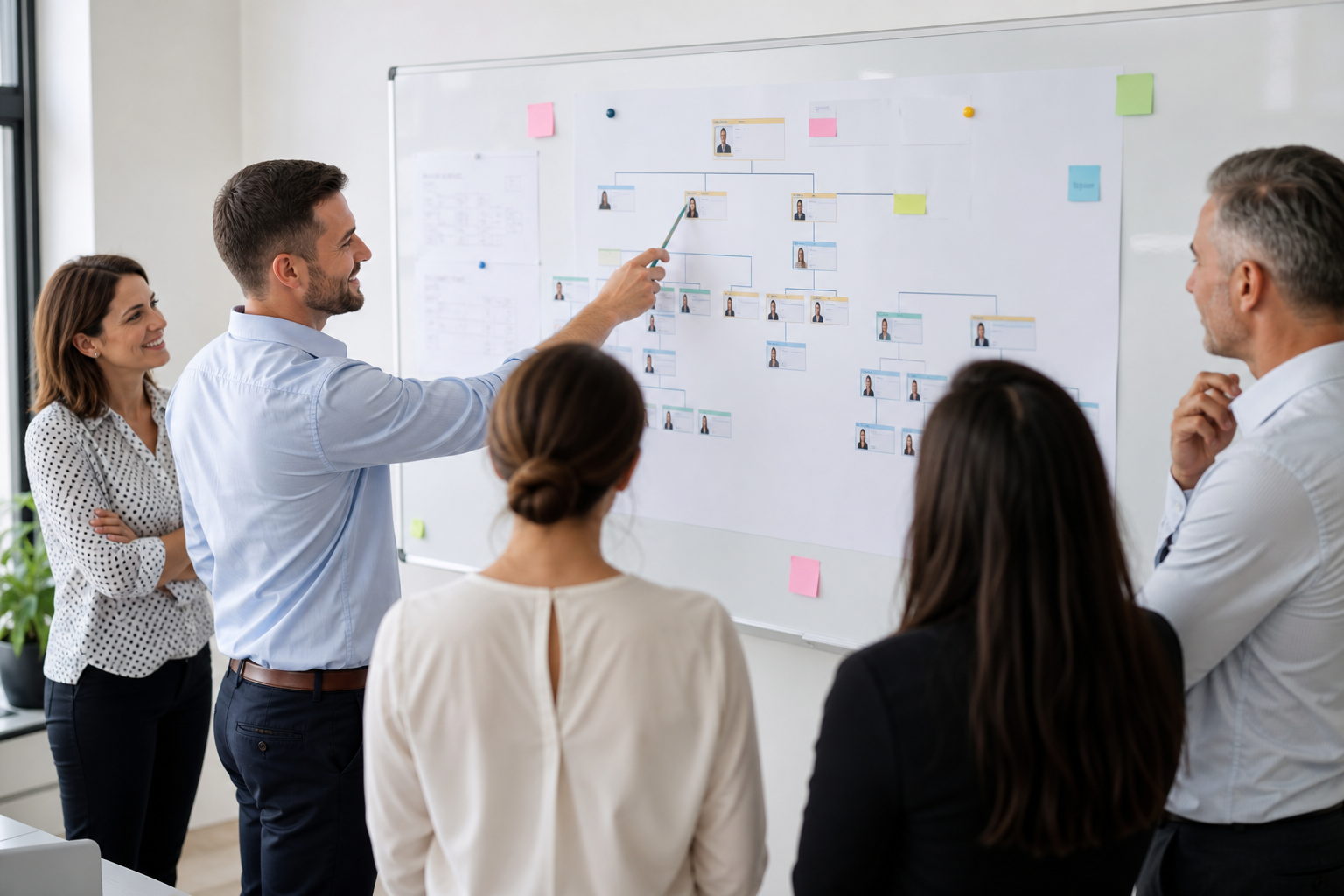 HR team sketching an org plan on a whiteboard with markers and sticky notes