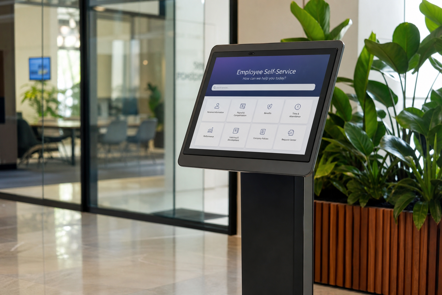 Self-service HR tablet kiosk in a modern lobby beside glass and greenery