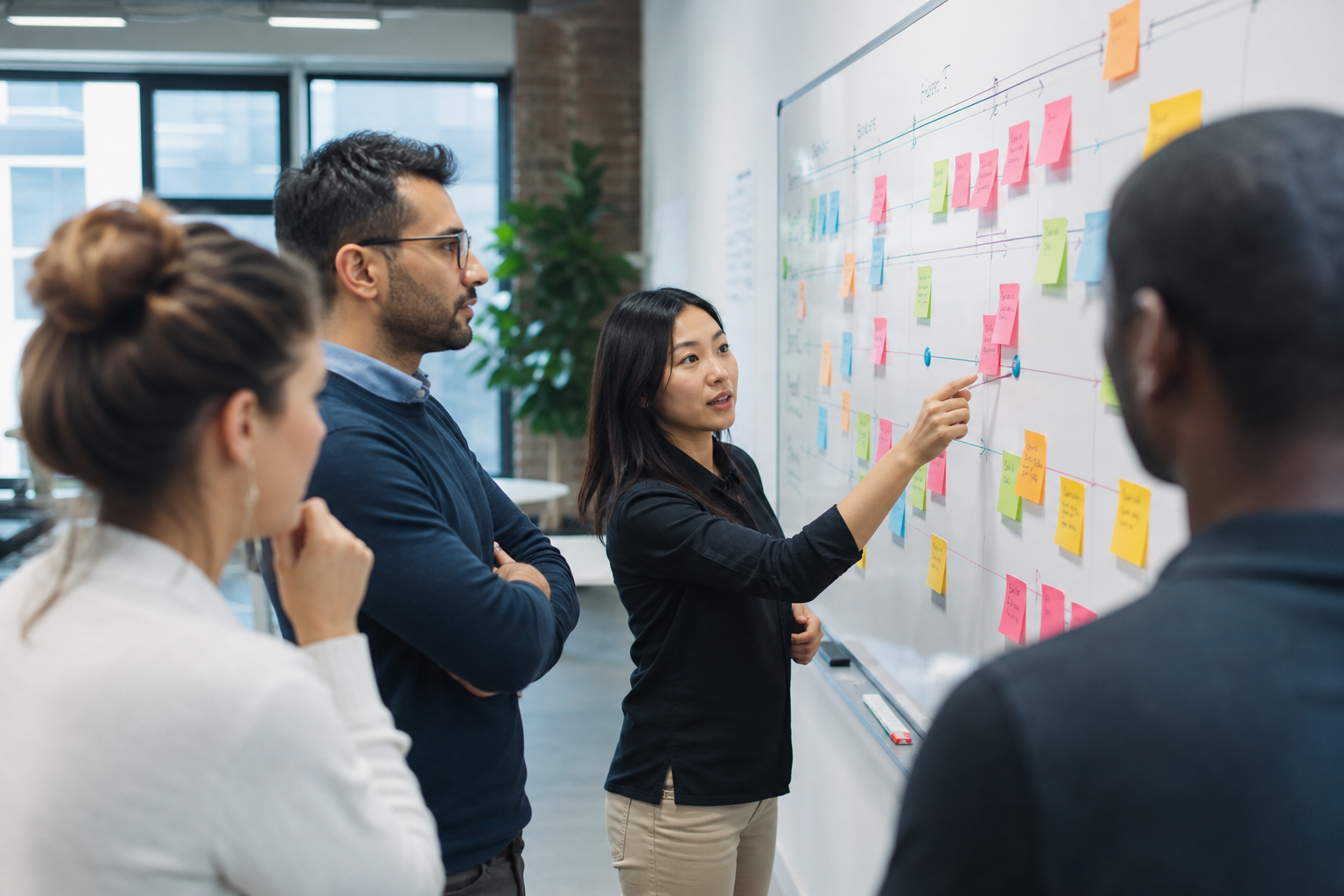 Delivery team gathered at a wall of sticky notes planning the next sprint
