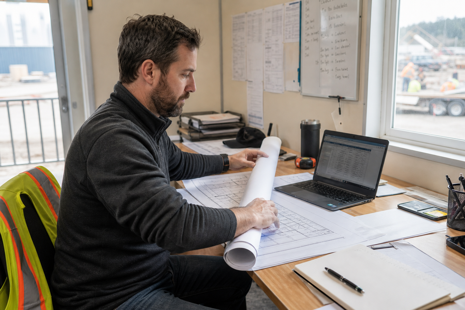 Project coordinator reviewing rolled blueprints beside a laptop on a site-office desk