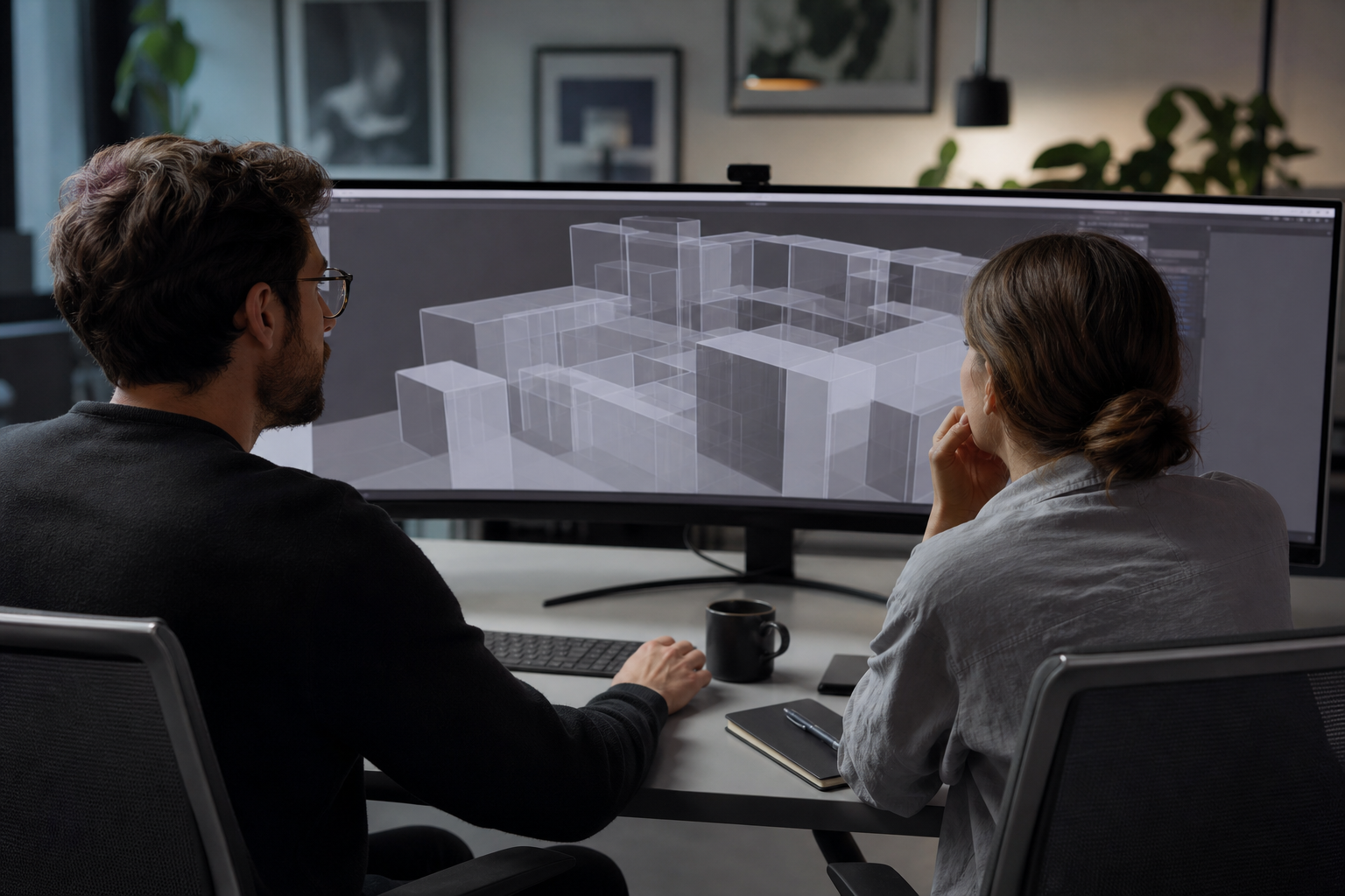 Designer and engineer pairing at an ultrawide monitor with abstract wireframe blocks