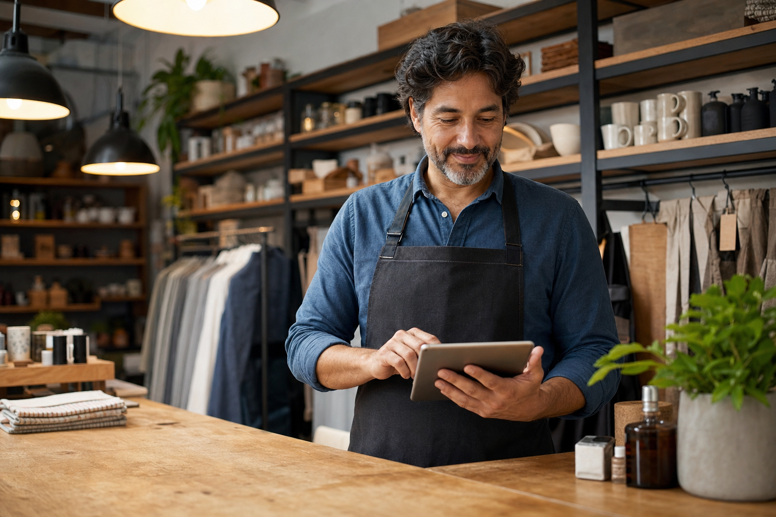 Small business owner smiling while using a tablet behind a tidy retail counter