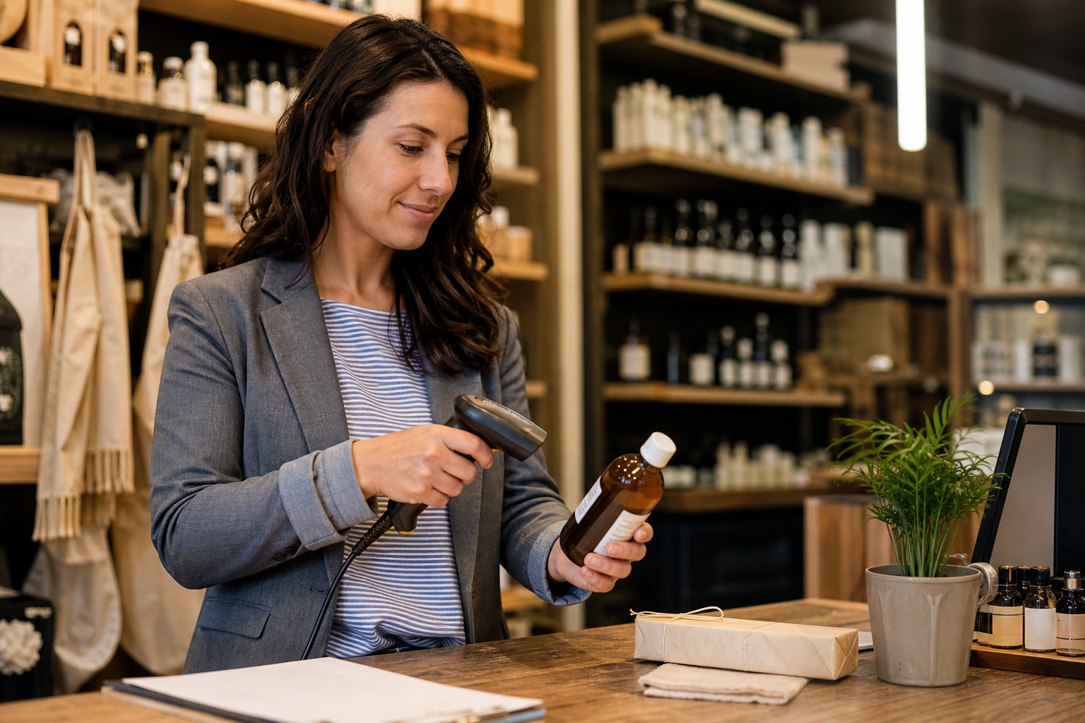 Boutique owner scanning a product barcode with a handheld scanner at a wooden counter