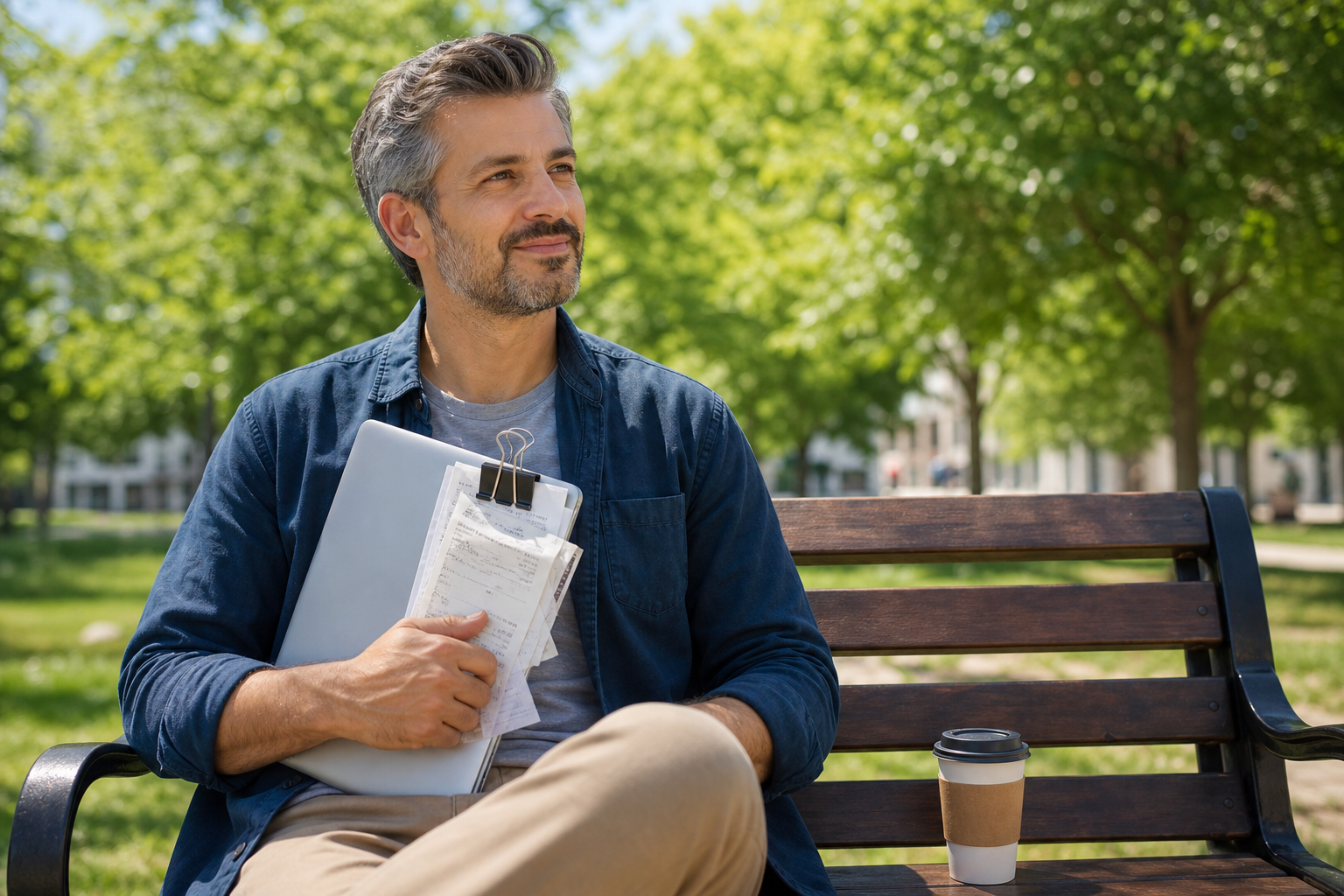 Entrepreneur on a park bench with laptop closed and clipped receipts in warm sunlight