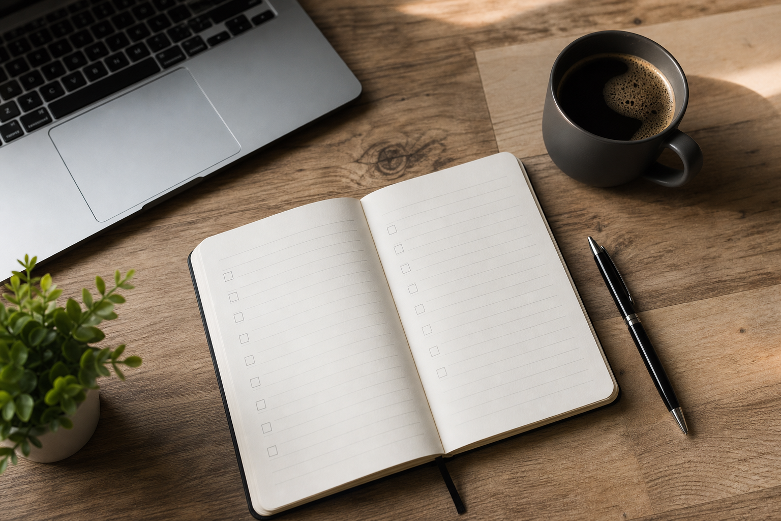 Minimal desk with checklist notebook, pen, coffee, and laptop corner in morning light