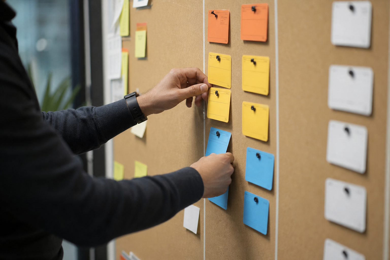 Product lead moving priority cards on a cork board during a triage session