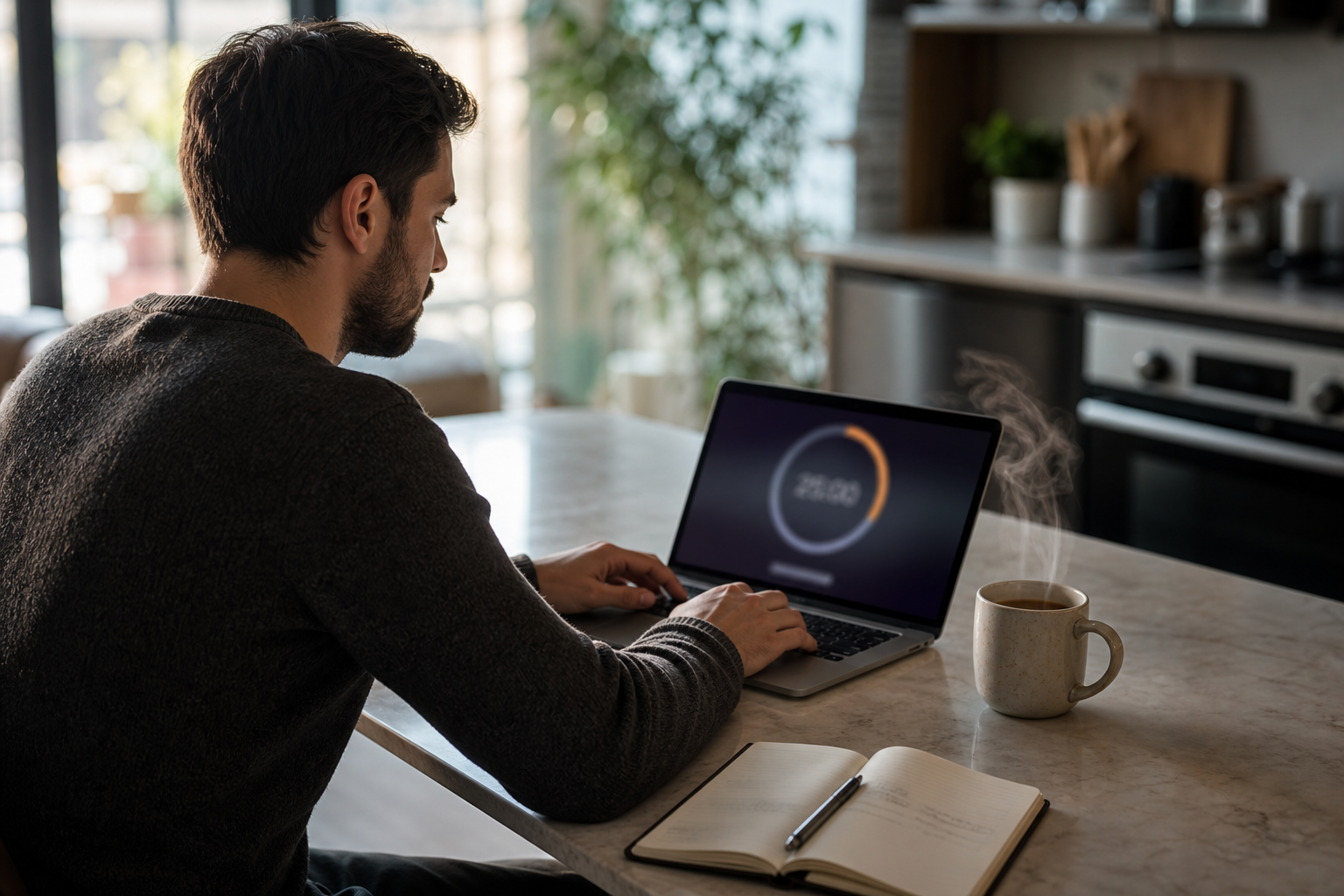 Remote worker at a kitchen island with laptop timer glow and morning coffee steam