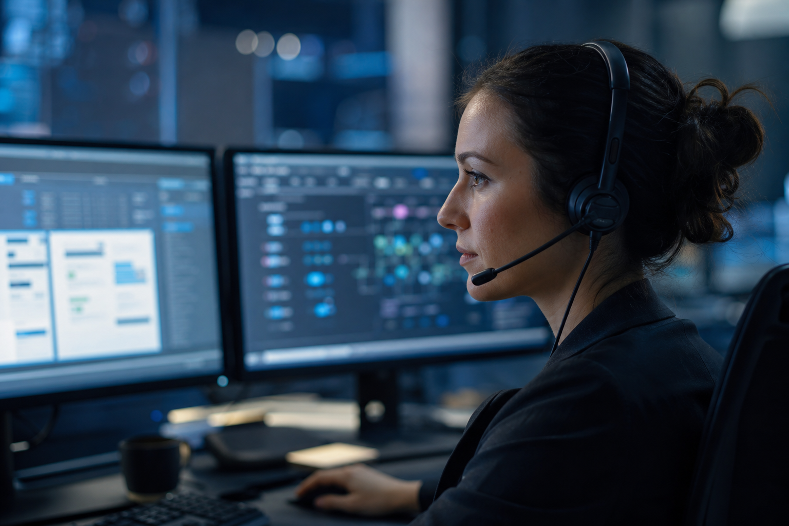 Support analyst with headset focused on dual monitors in a cool-toned operations room