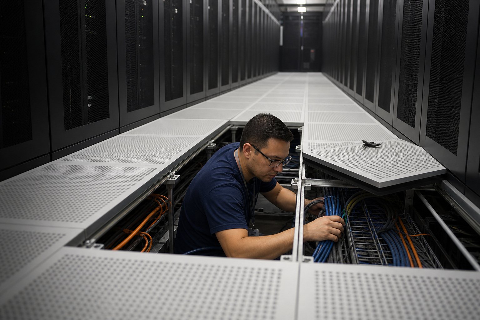 IT technician working in a raised-floor data aisle with cable harness and soft server lights