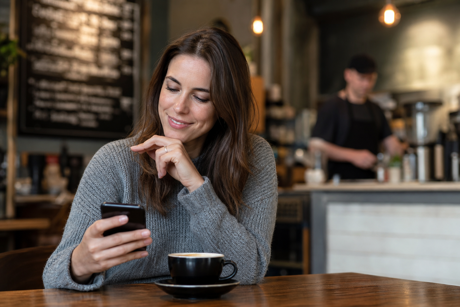 Customer on a smartphone in a cafe with a relaxed expression after a resolved issue